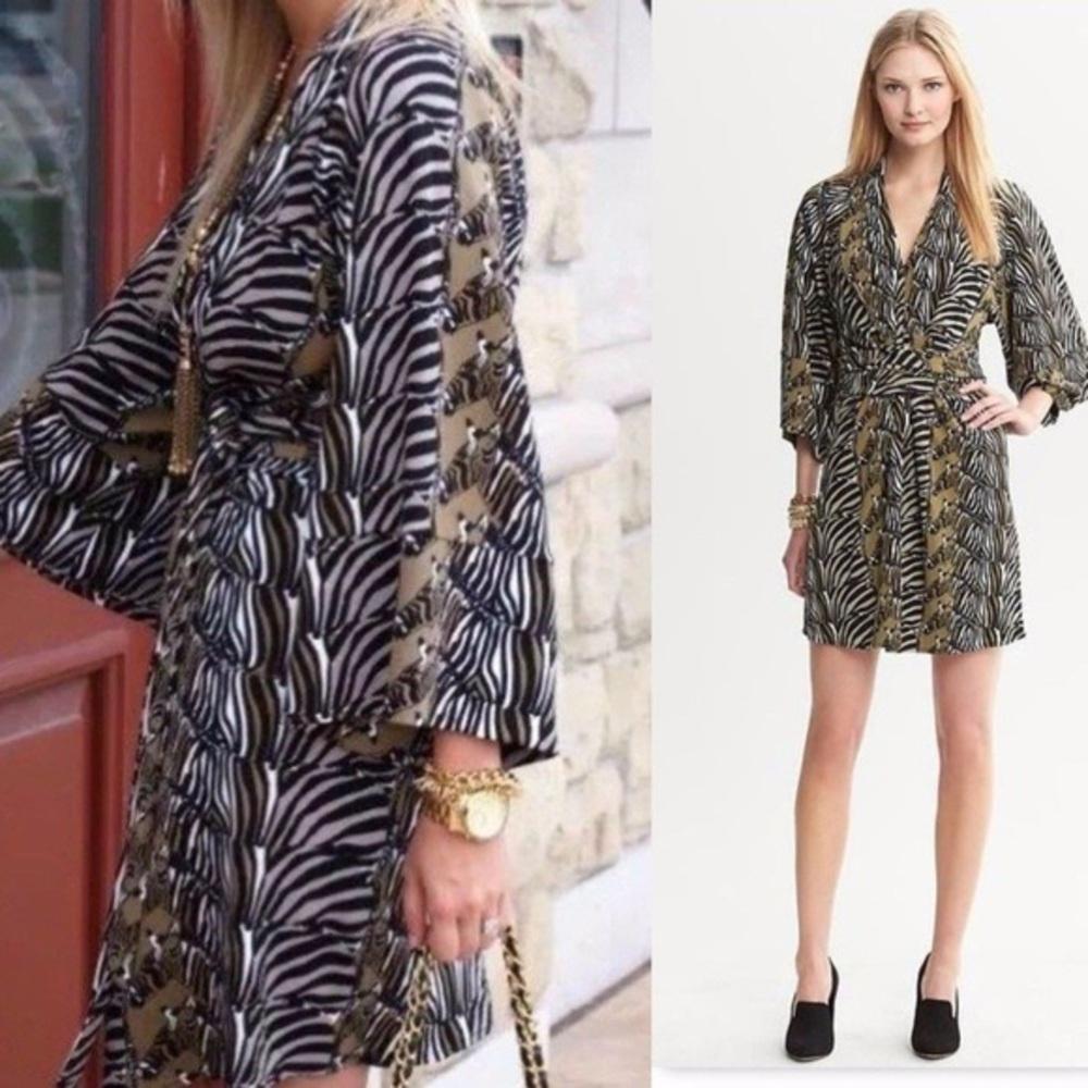 BANANA REPUBLIC ISSA LONDON OLIVE GREEN ZEBRA PRINT DRESS SZ 6